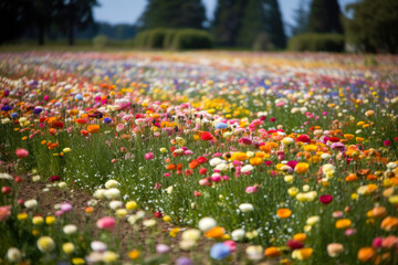 Large beautiful flower meadow blossoms in spring. Generative AI.