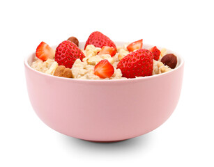 Bowl with tasty oatmeal, hazelnuts and strawberries isolated on white background