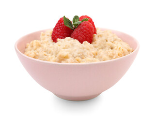 Bowl with tasty oatmeal and strawberries isolated on white background