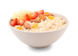 Bowl with tasty oatmeal, raisins, almonds, strawberries and bananas isolated on white background