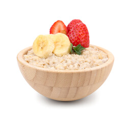 Wooden bowl with tasty oatmeal, bananas and strawberries isolated on white background