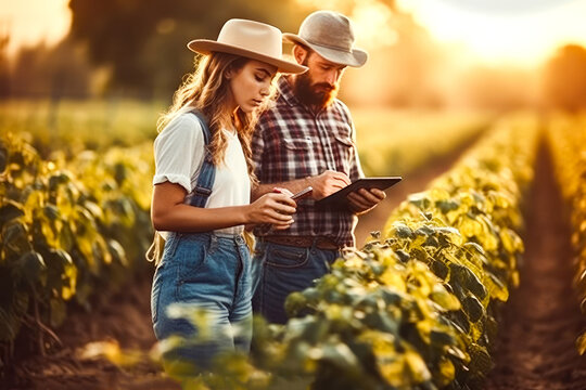 Smart farmer using smart tablet, organic farm production control. Generative AI.