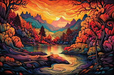 illustration of landscape with sunset, river and mountains. Generative AI image.