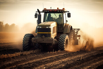 Naklejka premium Tractor drives across large field making special beds for sowing seeds. Generative AI.