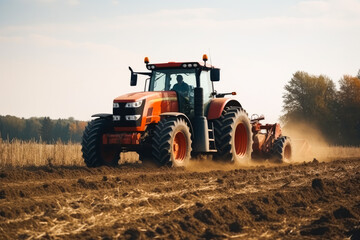Tractor drives across large field making special beds for sowing seeds. Generative AI.
