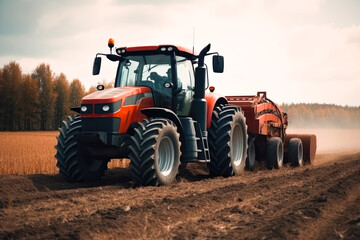 Fototapeta premium Tractor drives across large field making special beds for sowing seeds. Generative AI.