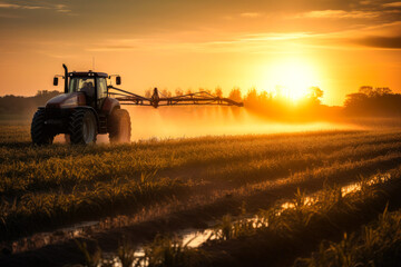 Fototapeta premium Aerial View of Tractor Spraying Pesticides on Green Soybean Plantation at Sunset. Generative AI.