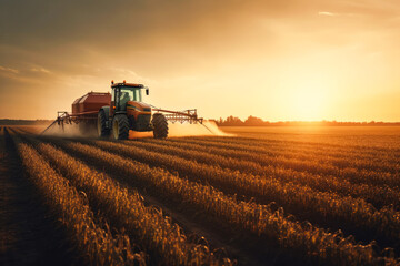 Fototapeta premium Aerial View of Tractor Spraying Pesticides on Green Soybean Plantation at Sunset. Generative AI.