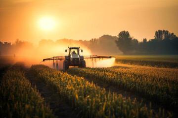 Fototapeta premium Aerial View of Tractor Spraying Pesticides on Green Soybean Plantation at Sunset. Generative AI.