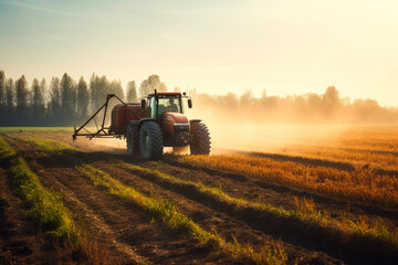 Fototapeta premium Aerial View of Tractor Spraying Pesticides on Green Soybean Plantation at Sunset. Generative AI.