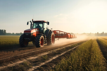 Fototapeta premium Aerial View of Tractor Spraying Pesticides on Green Soybean Plantation at Sunset. Generative AI.