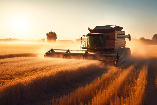 Harvester machine to harvest wheat field working. Combine harvester agriculture. Generative AI.