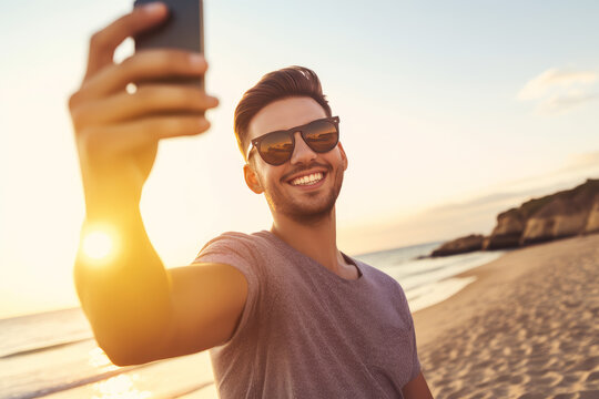 Handsome young man taking selfie picture at beach summer vacation Generative AI