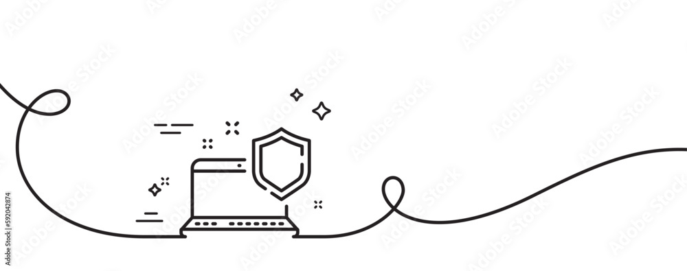 Poster computer security line icon. continuous one line with curl. laptop privacy sign. online safe defense