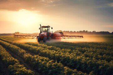 Aerial View of Tractor Spraying Pesticides on vegetables at Sunset. Generative AI.