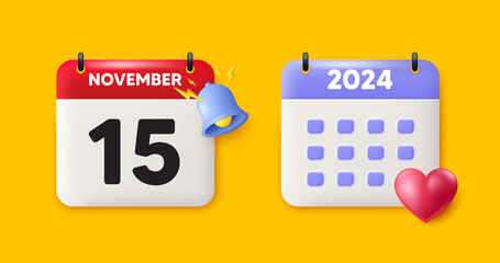 Calendar date 3d icon. 15th day of the month icon. Event schedule date. Meeting appointment time. 15th day of November month. Calendar event reminder date. Vector