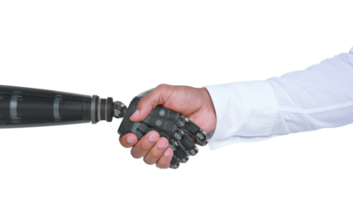 Digital composite image of businessman and robot shaking hands