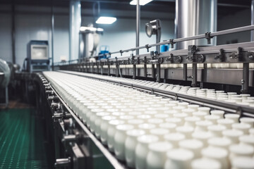 Plastic milk bottles with milk on production line at dairy factory. Generative AI.