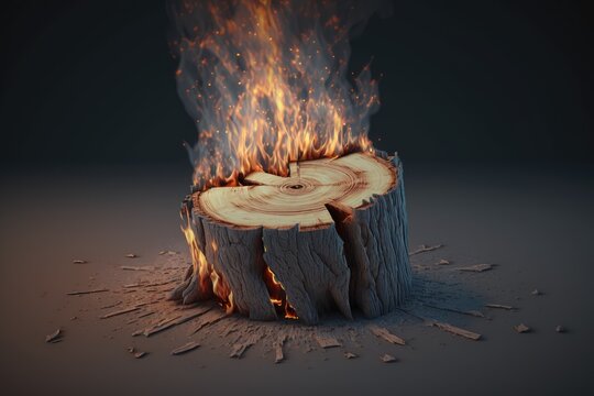 burning tree stump. Generative AI