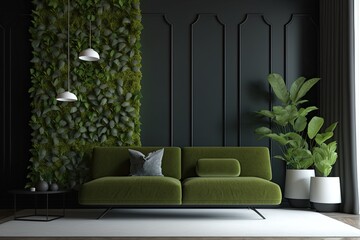 modern living room with a green sofa and matching green accent wall. Generative AI