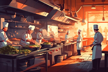 Chefs in professional restaurant kitchen. Colorful illustration. Generative AI.