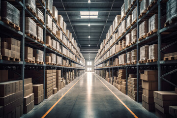 Fototapeta premium Huge industrial warehouse, full of boxes. Generative AI.