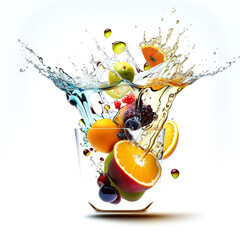 Various fruits falling into a glass container and splashing water droplets Generative AI