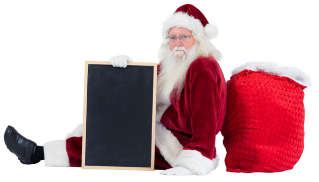 Santa sits leaned on his bag with a board