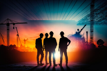 Fototapeta na wymiar Silhouette of engineers and construction team working at site. Sunset. Generative AI.