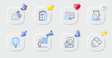 Air balloon, Reject access and Working process line icons. Buttons with 3d bell, chat speech, cursor. Pack of Charging adapter, Coffee cup, Carry-on baggage icon. Vector