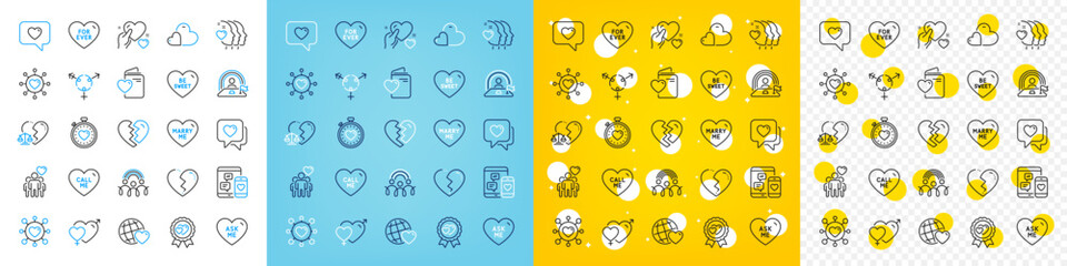 Vector icons set of Social media, Friends couple and Inclusion line icons pack for web with Friends world, Care, Hold heart outline icon. Break up, Heart, Love award pictogram. Vector