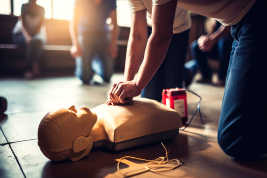 Performing chest compression on dummy during cpr training class. Instructors demonstrating CPR on mannequin at first aid training course. Generative AI.