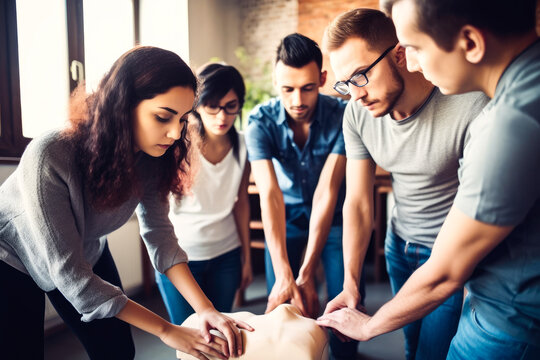 Performing chest compression on dummy during cpr training class. Instructors demonstrating CPR on mannequin at first aid training course. Generative AI.