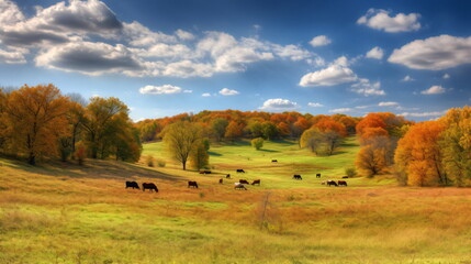 Fototapeta premium Afternoon in Green Field with Animals, Tranquil Landscape, Dry and Green Grass. Generative AI