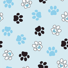  Seamless pet paw pattern. Cat or dog footprint on blue background. Vector illustration. It can be used for wallpapers, wrapping, cards, patterns for clothes and other.