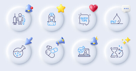 Online chemistry, Hospital nurse and Chemistry lab line icons. Buttons with 3d bell, chat speech, cursor. Pack of Hourglass timer, Quick tips, Waterproof icon. Vector