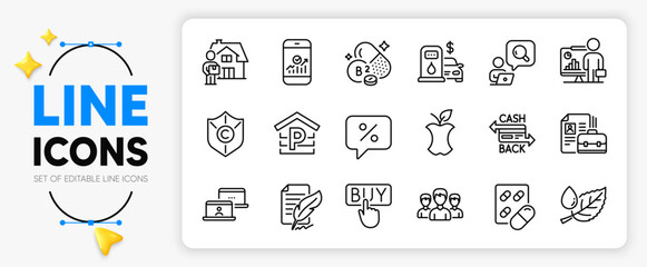 Vacancy, Buying and Teacher line icons set for app include Organic waste, Delivery man, Capsule pill outline thin icon. Filling station, Inspect, Copyright protection pictogram icon. Vector
