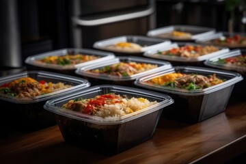 Modern Thai food lunch boxes in plastic packages. AI generated