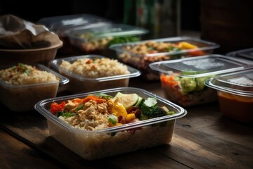 Modern Thai food lunch boxes in plastic packages. AI generated
