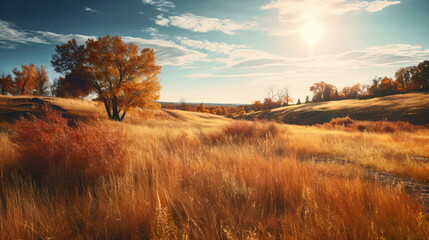 Fototapeta premium Afternoon in a Colorful Green Field with Animals, Tranquil Landscape with Dry and Green Grass. Generative AI