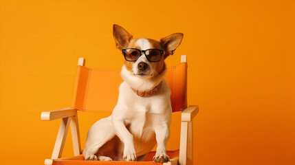 a dog wearing sunglasses and sleeping beach chair, light monokolor background