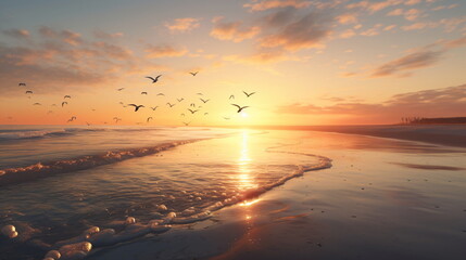 Breathtaking Sunrise and the Graceful Flight of Seabirds. Generative ai