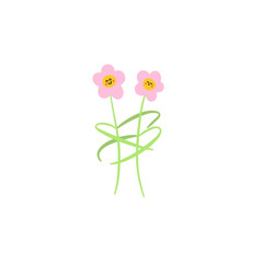 handdrawn happy pink flowers huuging. illustration of flower friends sharing a hug with smiling cartoon faces isolated on a transparent background
