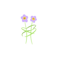 illustation of purple cartoon character hugging flowers. Happy smiling flowers having a hug isolated on a transparent background