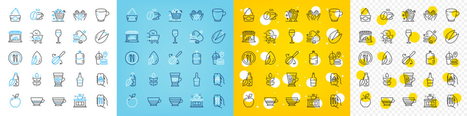 Vector icons set of Overeating pills, Vegetables cart and Apple line icons pack for web with Cappuccino, Market, Gluten free outline icon. Scotch bottle, Cooking whisk, Tea cup pictogram. Vector