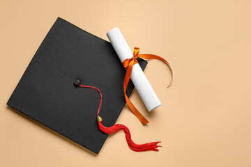 Diploma with red ribbon and graduation hat on beige background