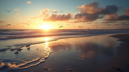 Fototapeta premium Gorgeous Sunrise with Flying Birds, Perfect for Wall Art or Home Decor. Generative ai