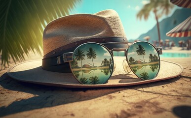 hat and sunglasses on sandy tropical beach, Summer vacation background concept 
