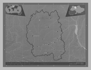 Zhytomyr, Ukraine. Grayscale. Labelled points of cities