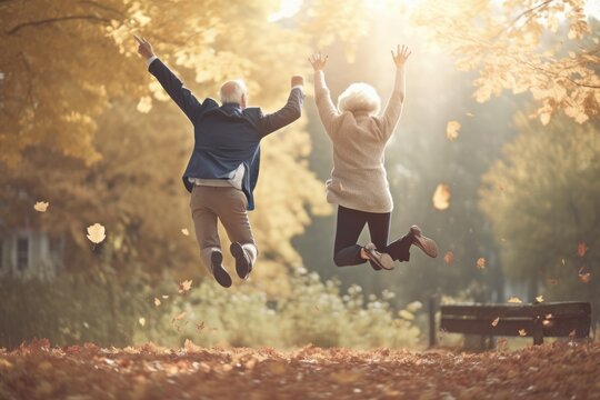happy senior couple jumping in park, generative AI